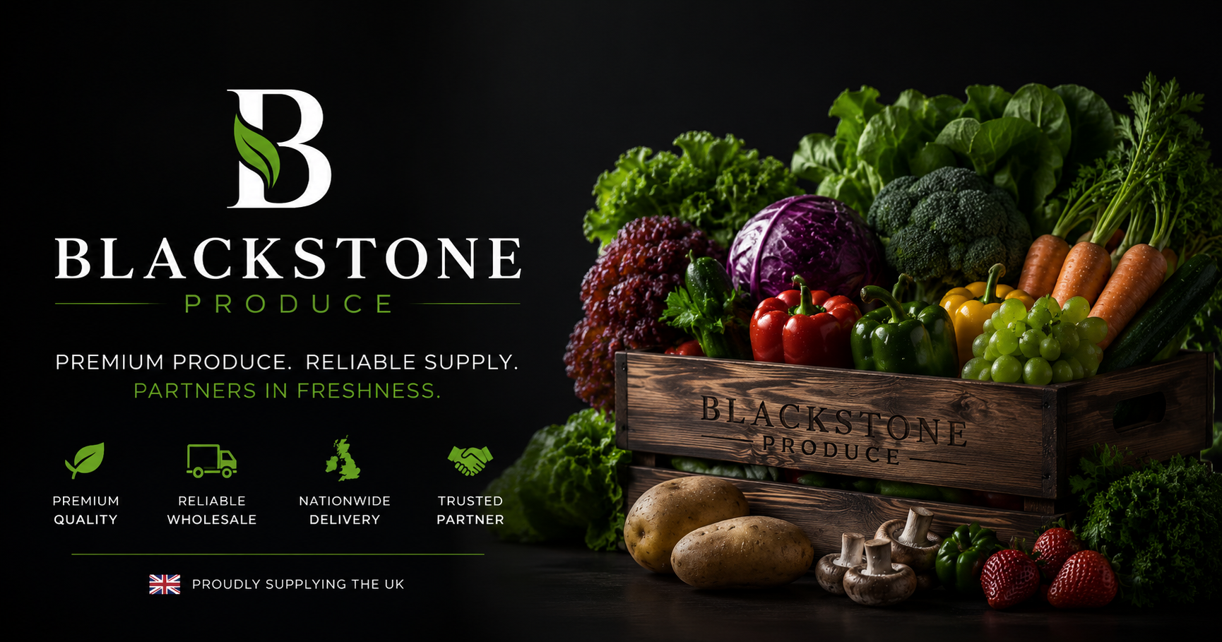 Crates of fresh fruit and vegetables packed for wholesale delivery